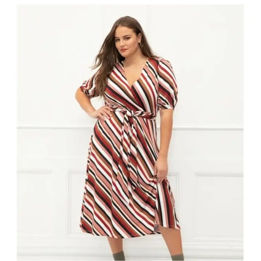 🍁Eloquii Striped Faux Wrap Midi Dress